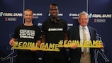 Aleksander Čeferin, Paul Pogba et le joueur gallois de football de base Eddie Thomas au lancement d'#EqualGame, à Monaco