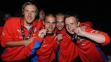 Zlín Region celebrate receiving their bronze medals at the UEFA Regions' Cup finals