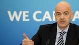 Gianni Infantino speaks at the press conference following the UEFA Executive Committee meeting