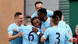 Manchester City celebrate one of their six goals against Bayern
