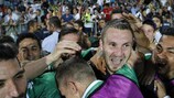 Cosmin Moţi is mobbed by his Ludogorets team-mates