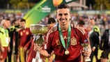Spain's Borja Mayoral with the Under-19 trophy and the top scorers' award