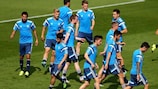 Germany players warming up before their first training session at the Ander Stadium