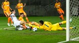 Puskás Akadémia score a goal during their 6-1 second-leg win against APOEL