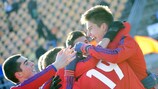 CSKA Moskva celebrate a goal in their 4-0 defeat of Manchester United