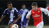 Arsenal's Daniel Crowley (right) taking the attack to Anderlecht last season