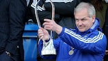 Chelsea coach Adi Viveash lifts the Lennart Johansson Trophy for a second time