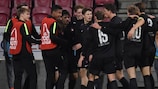 Midtjylland celebrate a goal in their 3-1 victory over two-time semi-finalists Anderlecht