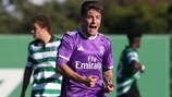 Real Madrid's Franchu celebrates after scoring against Sporting