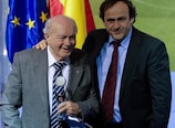 Alfredo Di Stéfano receives the first UEFA President's Award from Michel Platini