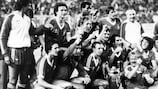 Nottingham Forest jubelt über den Triumph im Pokal der europäischen Meistervereine im Jahr 1980