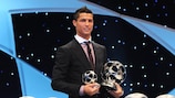 Cristiano Ronaldo collects his 2007/08 UEFA Club Footballer of the Year prize in Monaco