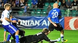The Faroe Islands (white) conceded twice in added time in their opening Group C match