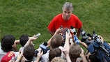 Guus Hiddink speaks to reporters after beating the Netherlands at UEFA EURO 2008