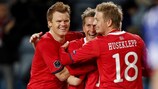 John Arne Riise, Morten Gamst Pedersen and Erik Huseklepp celebrate a goal against Cyprus