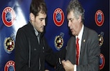Spain captain Iker Casillas receives his UEFA medal and cap for playing 100 times for his country