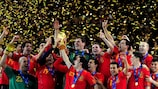 Spain celebrate with the FIFA World Cup trophy