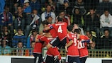 Armenia players celebrate during their impressive victory against Slovakia