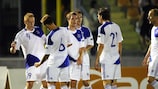 Mikael Forssell (left) celebrates a goal for Finland