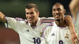 Zinédine Zidane celebrates France's semi-final victory over Portugal with Nicolas Anelka