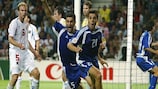 Traianos Dellas (No5) celebrates after scoring the winning goal in Greece's UEFA EURO 2004 semi-final against the Czech Republic