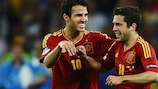 Jordi Alba (right) celebrates his goal with Cesc Fàbregas