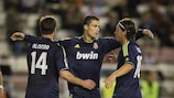 Cristiano Ronaldo (centre) celebrates after doubling Madrid's lead at Rayo