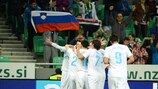Slovenia celebrate Milivoje Novakovič's goal against Iceland