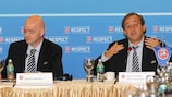 UEFA General Secretary Gianni Infantino and UEFA President Michel Platini in Sofia today