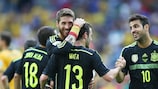 España celebra un gol en la fase final de la Copa Mundial