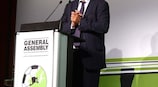 UEFA President Michel Platini addresses the European Club Association general assembly in Geneva