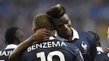 Karim Benzema and Paul Pogba celebrate a goal in France's 2-1 friendly win against Portugal