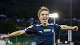 Martin Ødegaard celebrates a goal for his clud side Strømsgodset