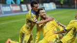 Ukraine's Andriy Yarmolenko (centre) celebrates scoring the first of his three goals against Luxembourg
