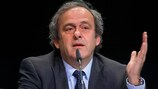 UEFA President Michel Platini gives a press conference prior to the 65th FIFA Congress in Zurich