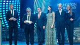 The UEFA Foundation for Children's Pascal Torres (second left) and Peace and Sport founder and president Joel Bouzou (third left), together with presenters and voting panel members at the Monte Carlo gala.