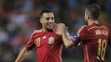 Santi Cazorla and Jordi Alba celebrate a Spain goal