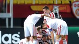 Сборная Беларуси празднует победный гол в мартовском матче в Скопье