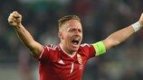 Balázs Dzsudzsák celebrates Hungary's play-off victory against Norway