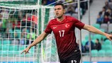 Burak Yılmaz after scoring Turkey's early winner in Slovenia