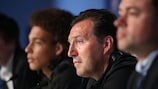 Marc WIlmots (centre) speaks in Toulouse on Saturday