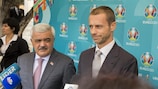 AFFA president Rovnag Abdullayev (left) and UEFA President Aleksander Čeferin speak to the media