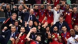 Portugal festeja a conquista do UEFA Futsal EURO 2018 após vencer a Espanha na final, em Ljubljana (Eslovénia)