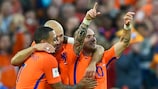 Wesley Sneijder celebrates his final Netherlands goal against Luxembourg