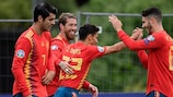 Jesús Navas celebra su gol con España
