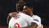 Harry Kane and Marcus Rashford celebrate a goal in England's 3-2 win against Spain