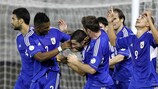 Constantinos Makridis is mobbed by his Cyprus team-mates