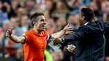 Robin van Persie celebrates his 40th Netherlands goal with Patrick Kluivert