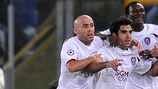 Juan Culio (centre) celebrates scoring in Rome