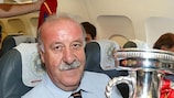 Spanish coach Vicente del Bosque poses with the trophy after winning UEFA EURO 2012